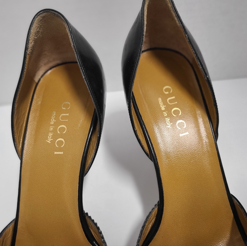 Gucci Vintage Black Leather D'Orsay Wood Heel Pumps Sz 7 - Picture 6 of 12